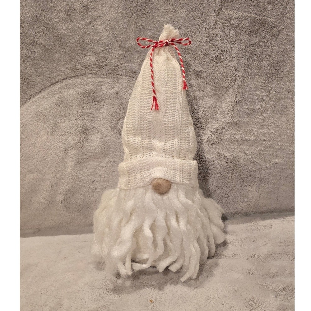 Holiday Christmas Gnome Plush Cable Knit Hat Shaggy Yarn Beard Cream White 10in